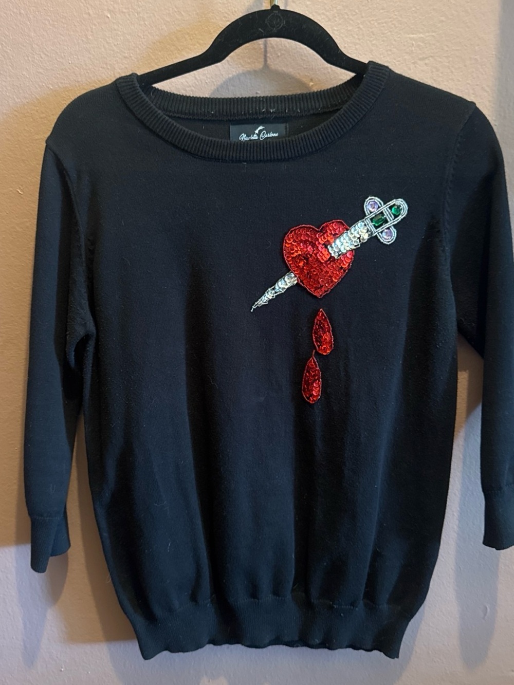 Black Sweater with Sequin Heart & Dagger Motif